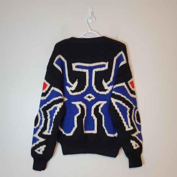 Vintage 90s Patterned Wool Heavy Knit Sweater Black Size XL - Picture 2 of 5
